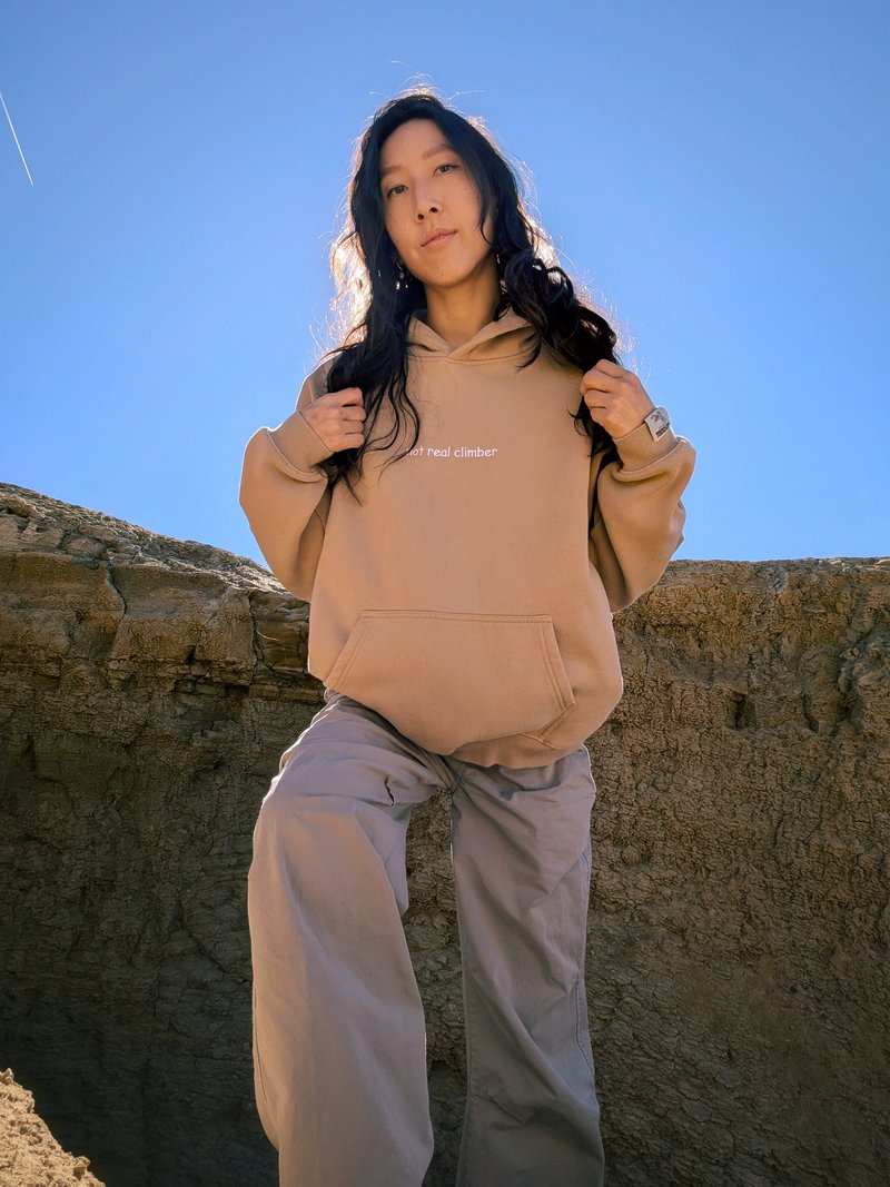 Beige oversized fleece hoodie — front