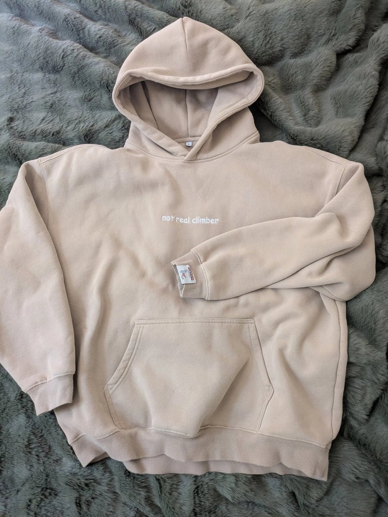 Beige oversized fleece hoodie — embroidery detail